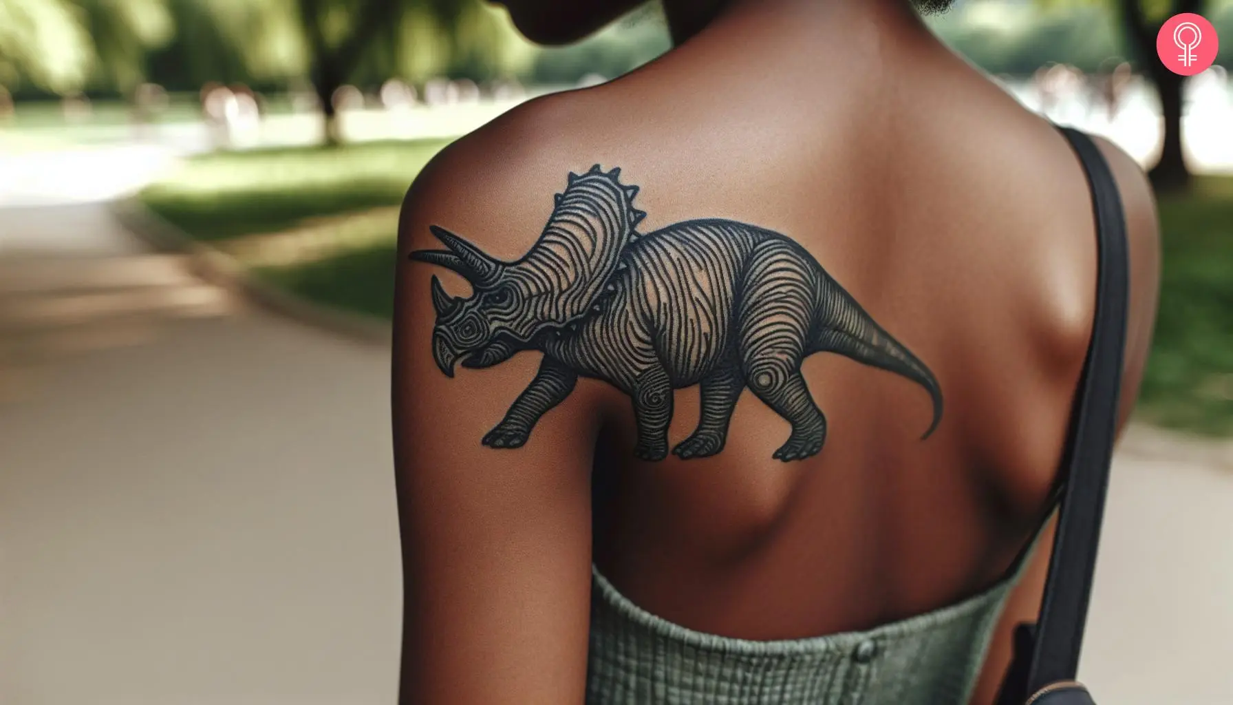 A woman with an artistic triceratops tattoo on her back