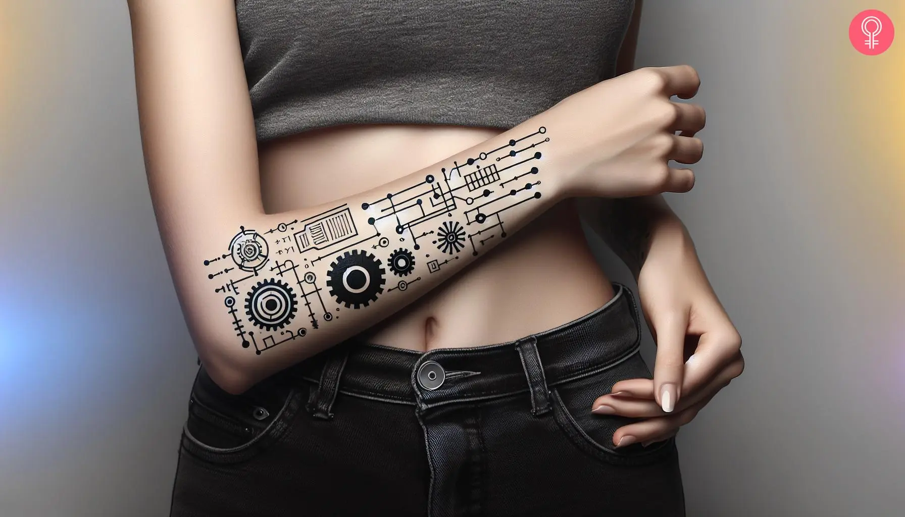 A woman with an engineering tattoo on her forearm