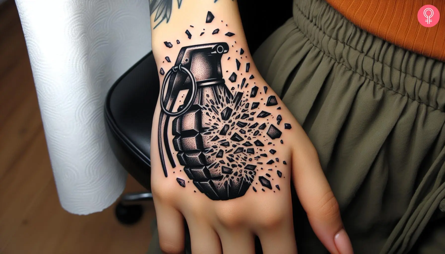 A woman with an exploding grenade tattoo on her hand