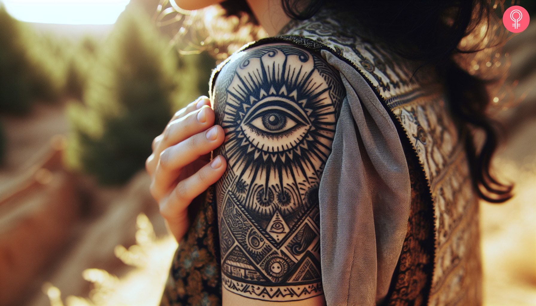 A woman with an intuition eye tattoo on her shoulder