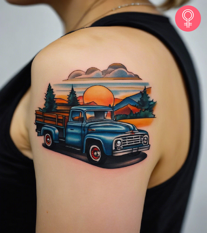 A woman with an old school truck tattoo on her shoulder