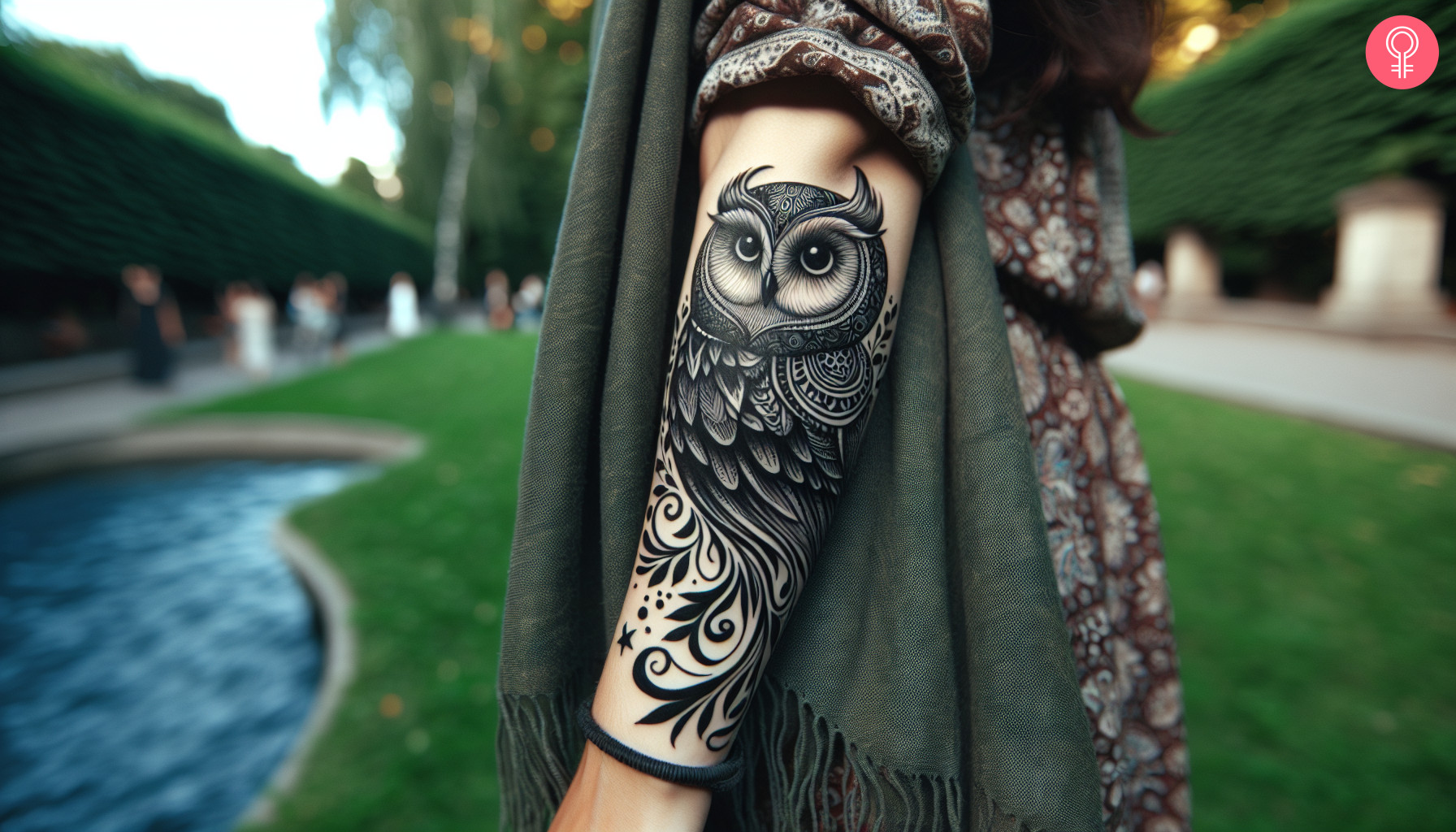 A woman with an owl intuition tattoo on her forearm