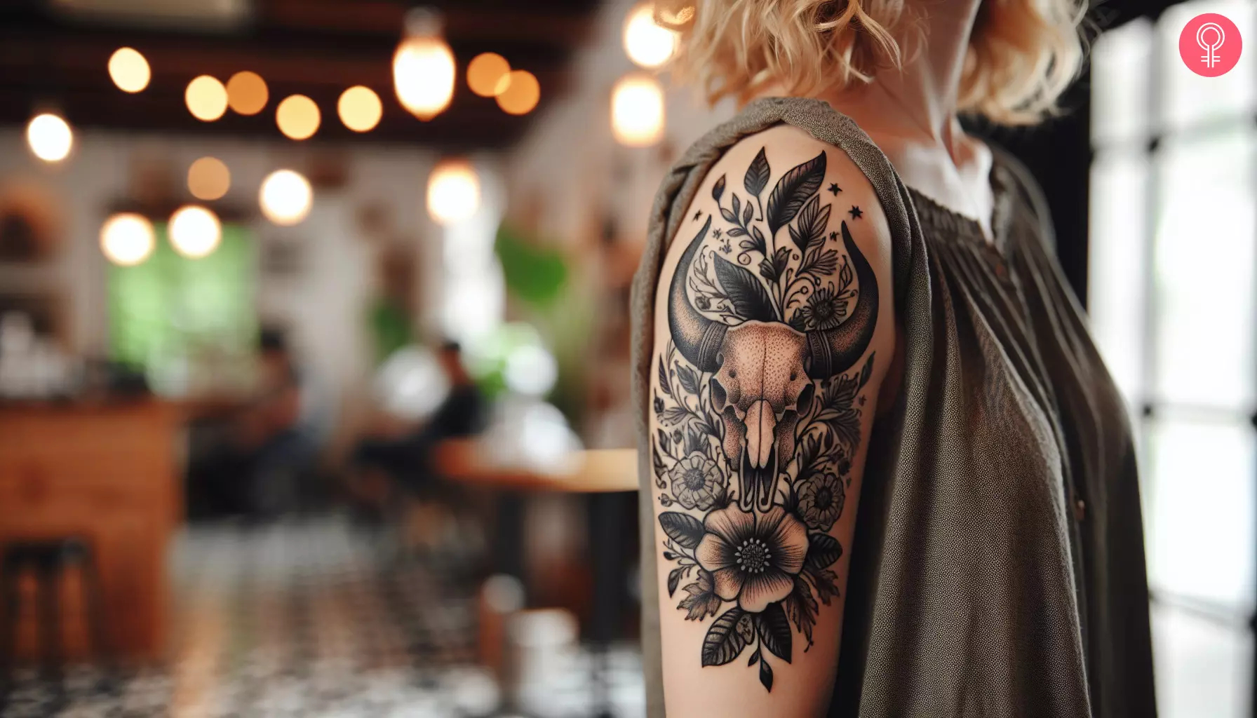 A woman with bull skull tattoo with flowers on her upper arm