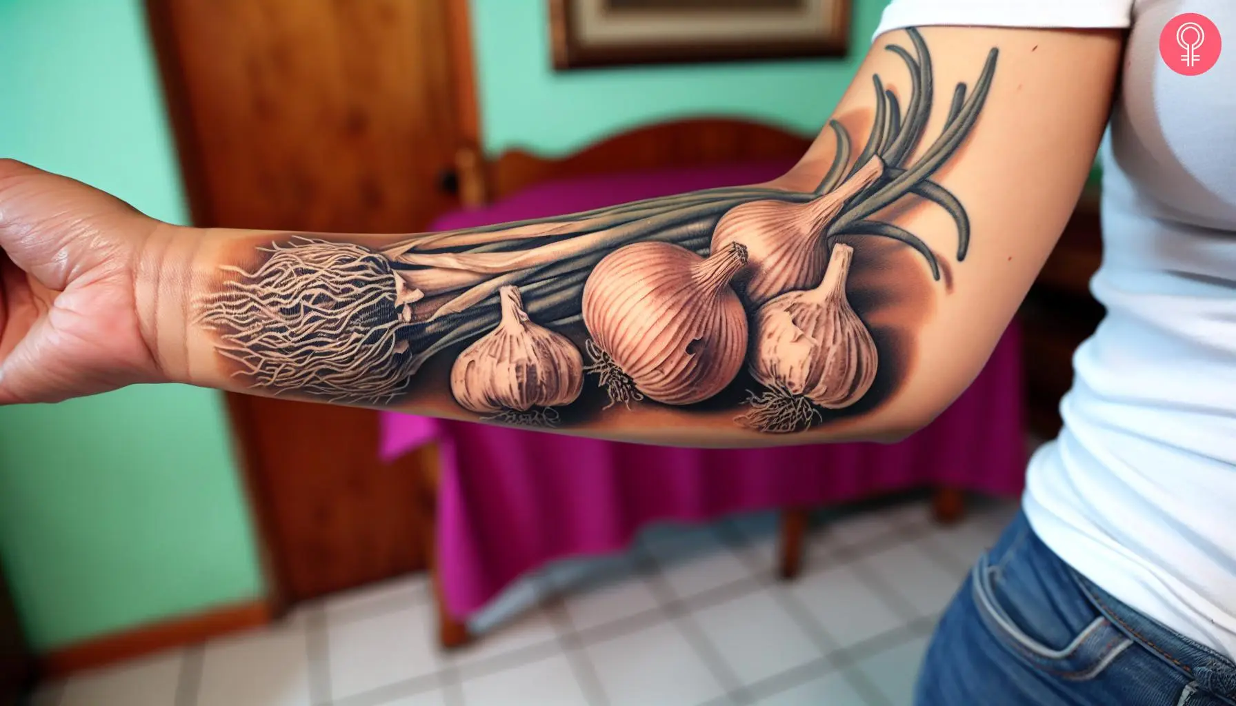 A woman with onion and garlic tattoo on her forearm