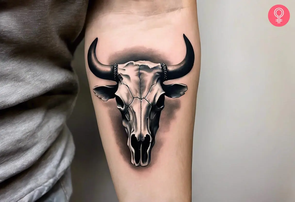 A woman with realistic bull skull tattoo on the arm