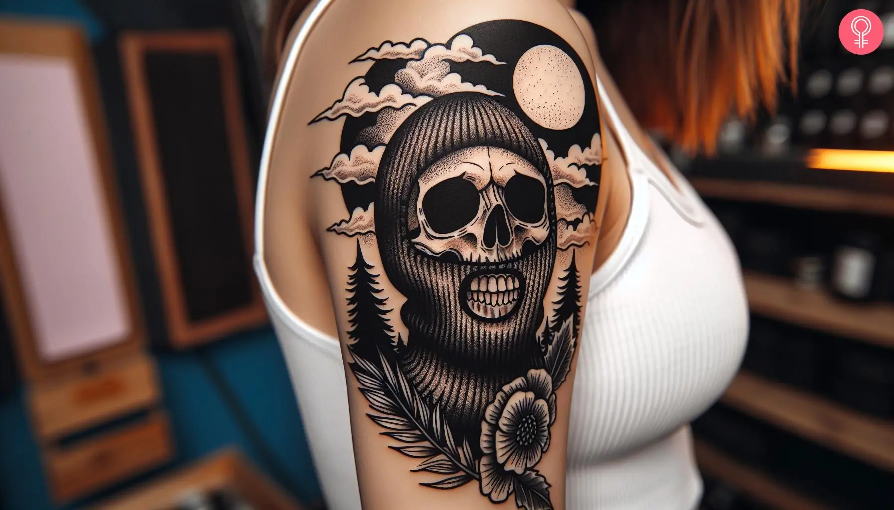 A woman with ski mask skull tattoo on her upper arm