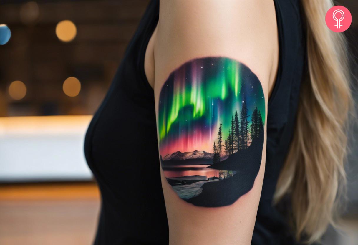 A woman with surreal aurora borealis tattoo on her upper arm