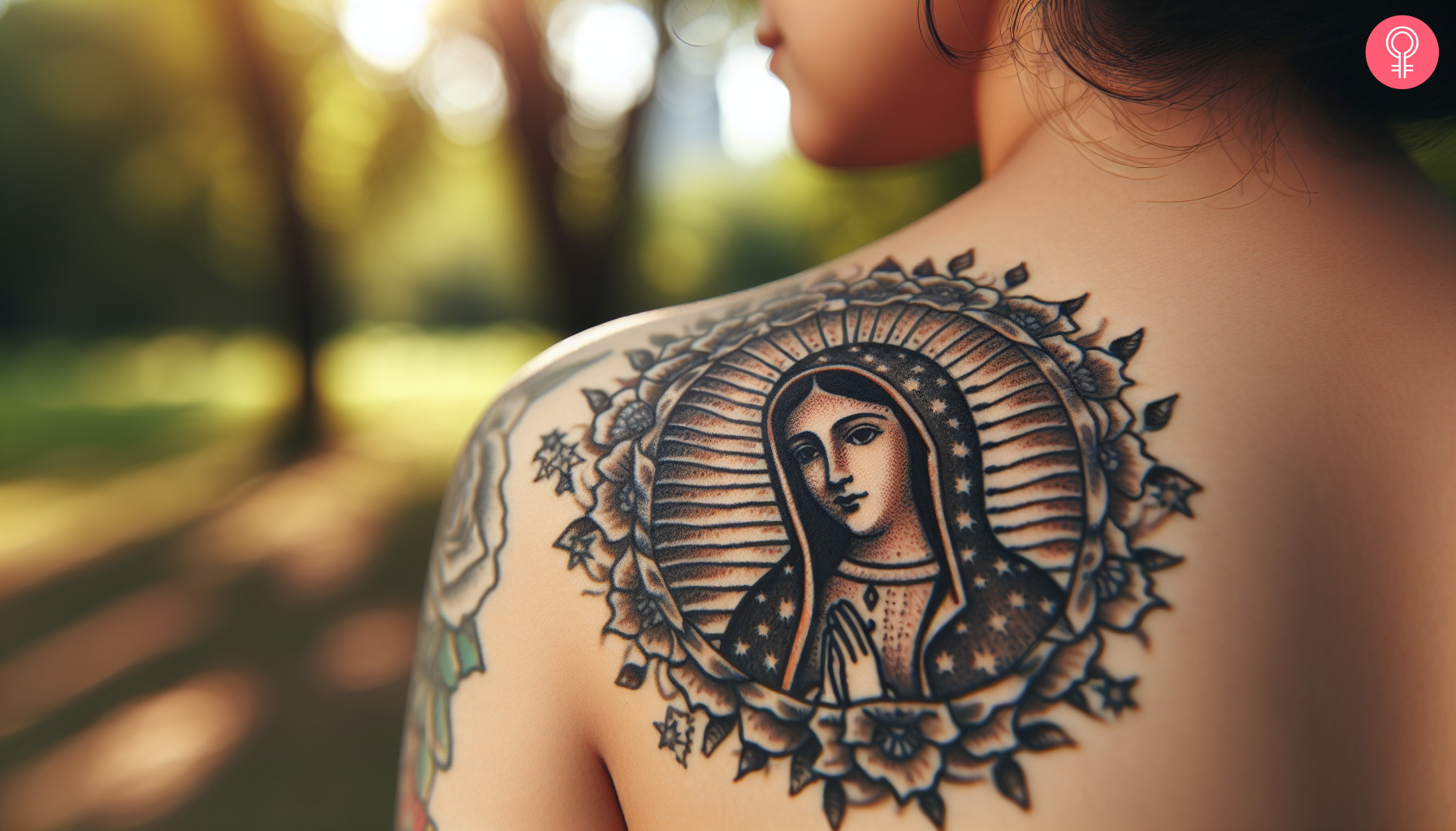 A woman with the face of virgen de guadalupe tattooed on her back