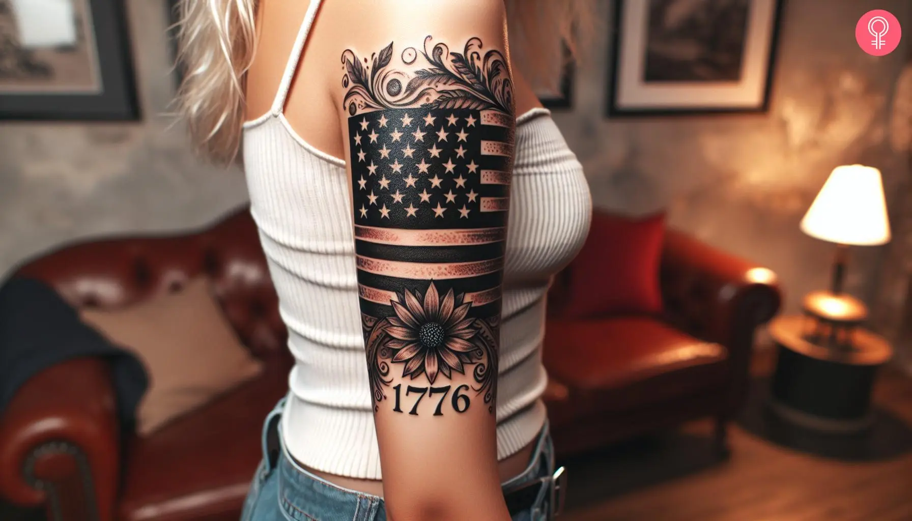 A woman with the year 1776 and a US flag tattooed on her arm