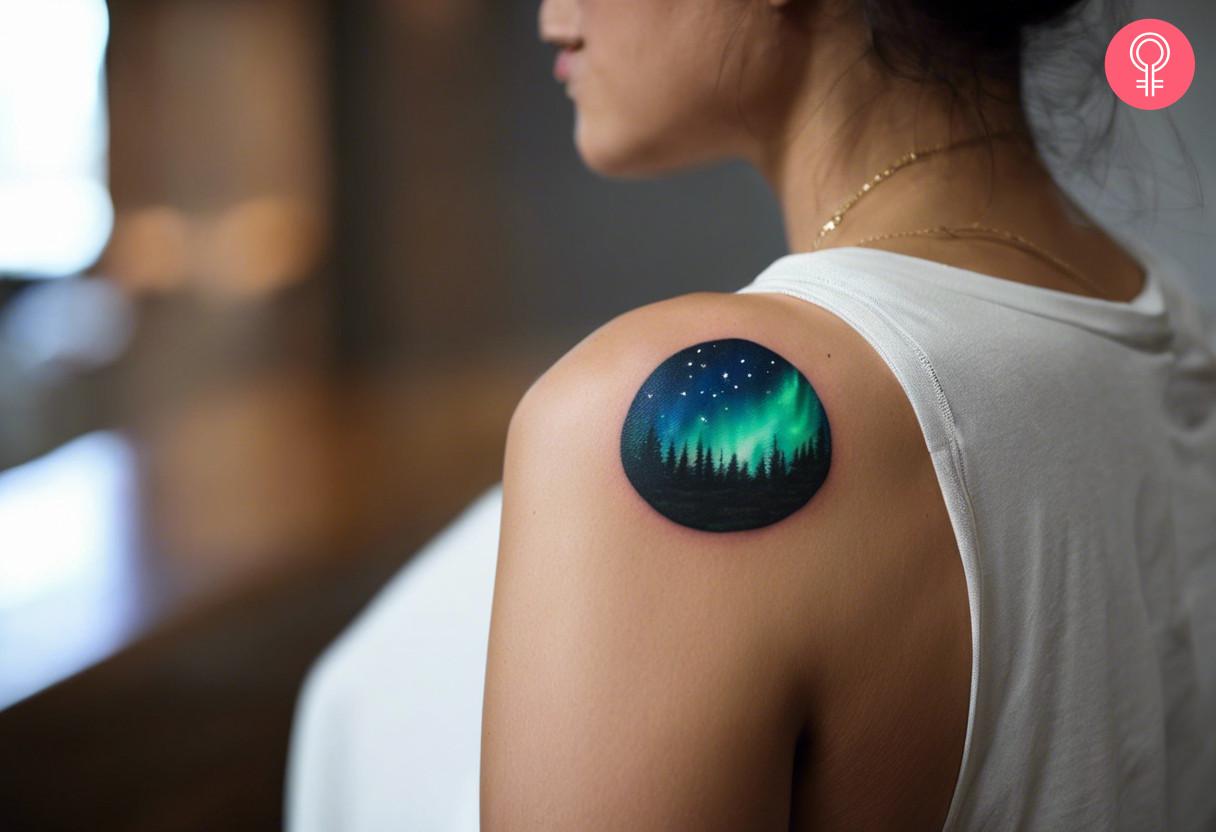 A woman with vibrant aurora borealis tattoo on her shoulder