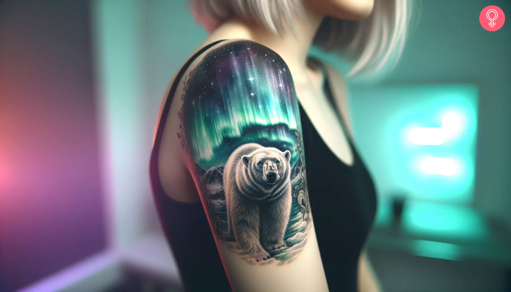 A woman with vibrant polar bear aurora borealis tattoo on her upper arm