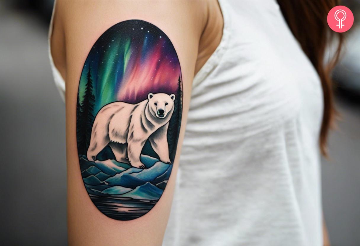 A woman with a vibrant polar bear aurora borealis tattoo on her upper arm