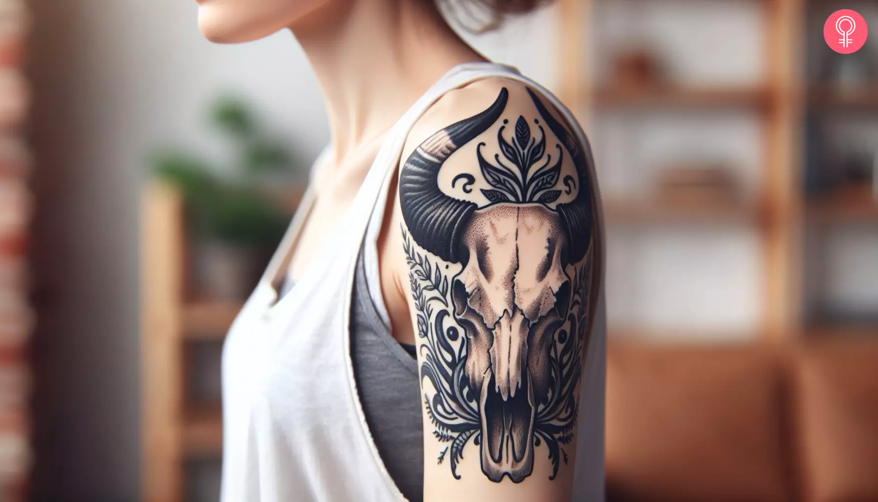 A woman with western-style bull skull tattoo on her upper arm