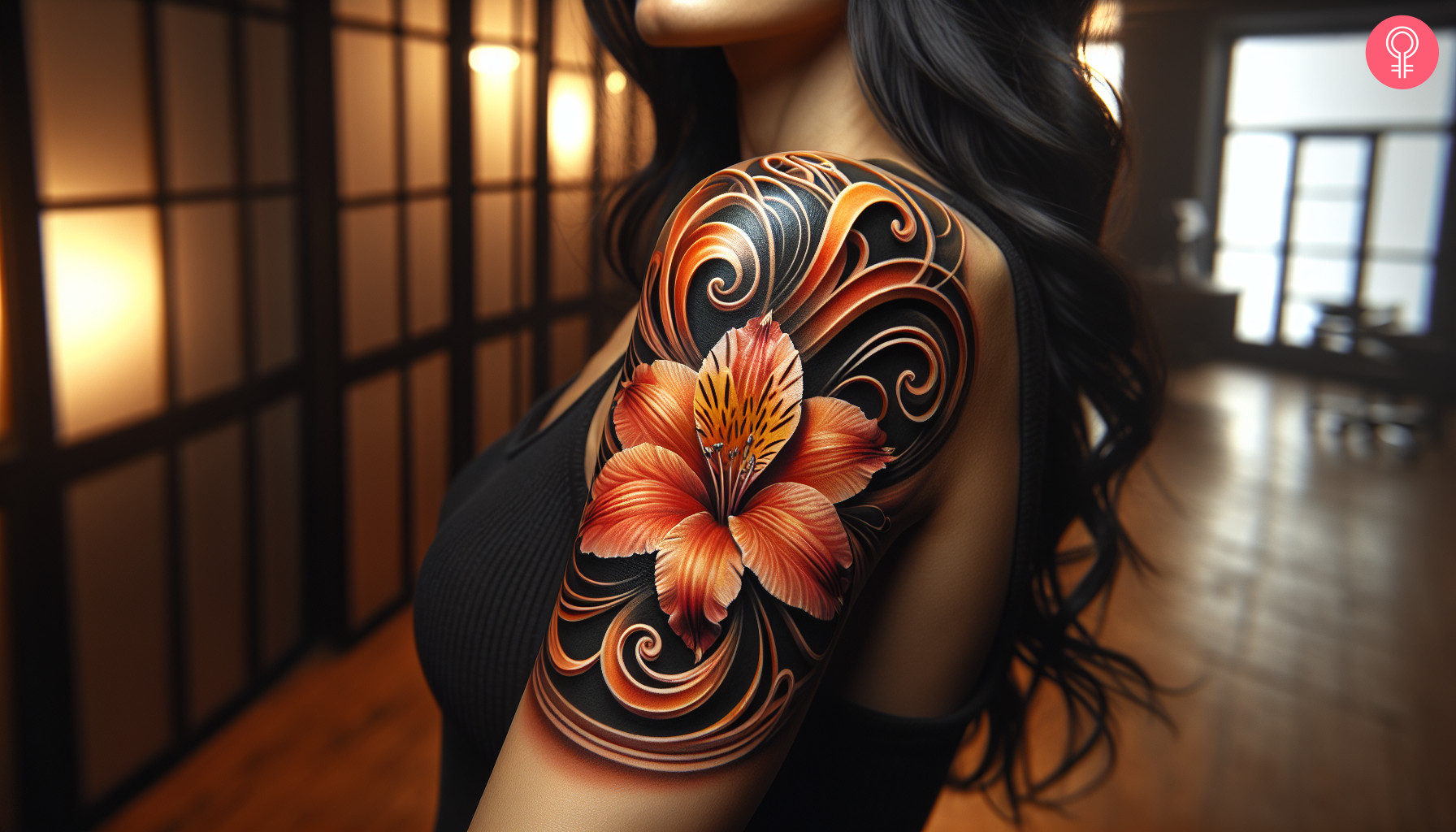 Abstract alstroemeria tattoo on the arm of a woman