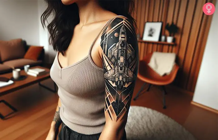 Abstract spaceship tattoo on the upper arm of a woman