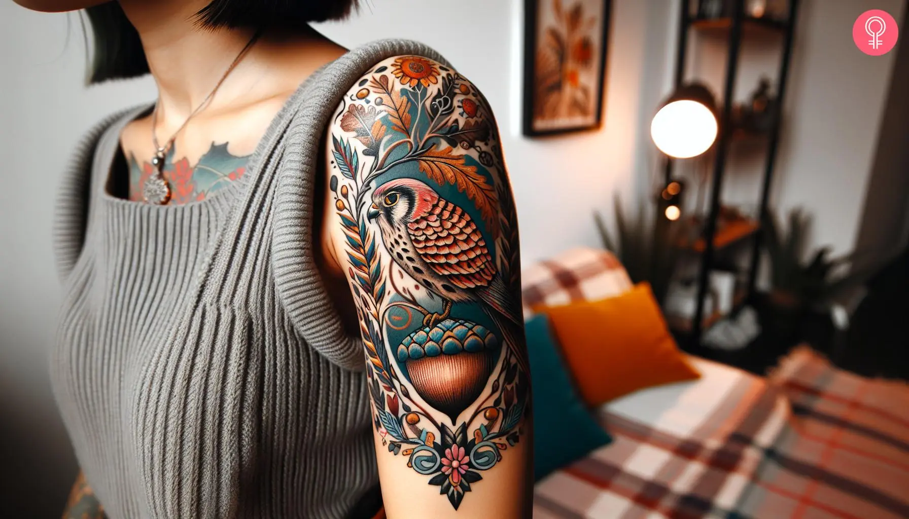 An acorn and bird tattoo on the upper arm of a woman