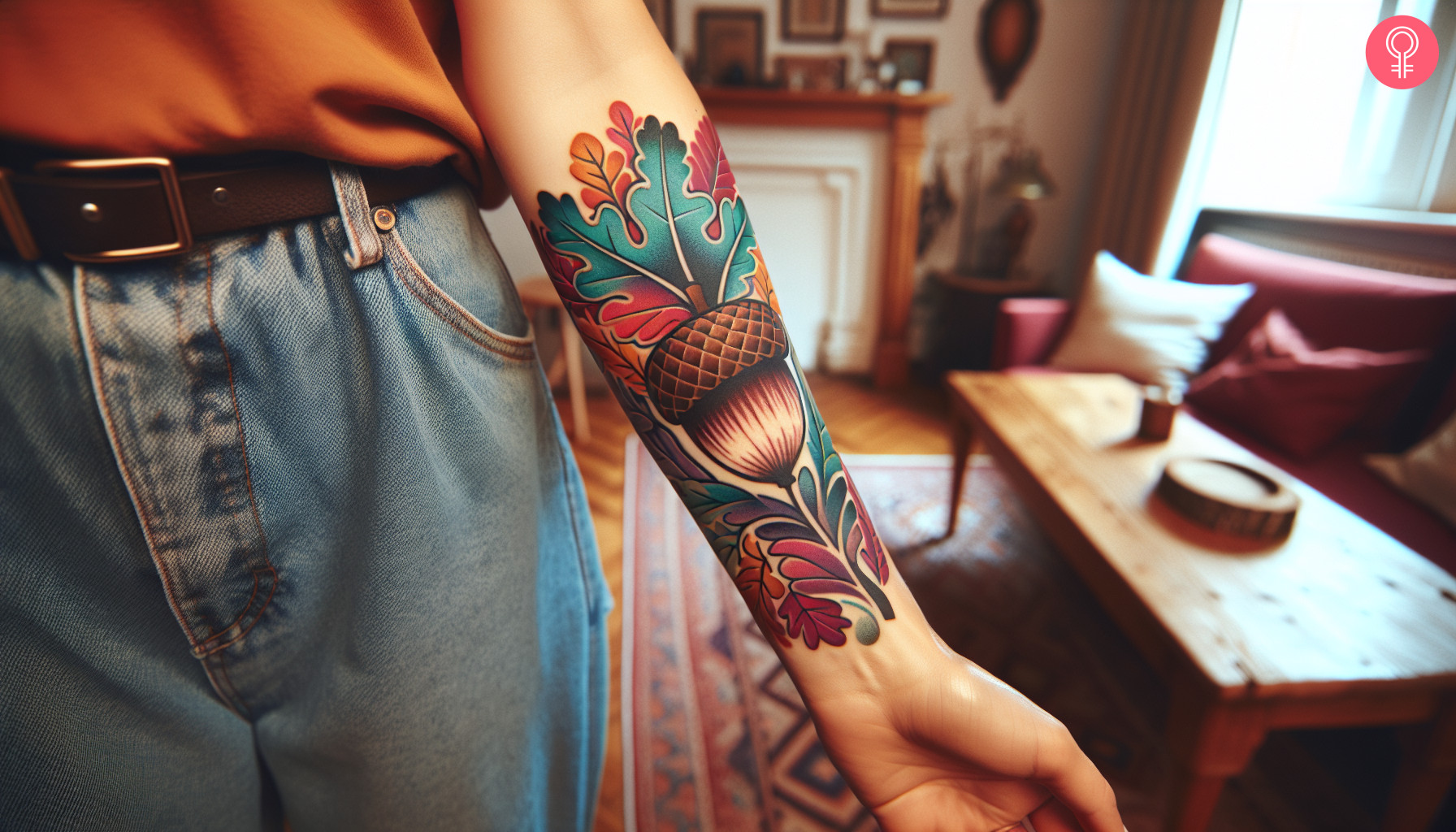 An acorn and oak leaf tattoo design on a woman’s forearm