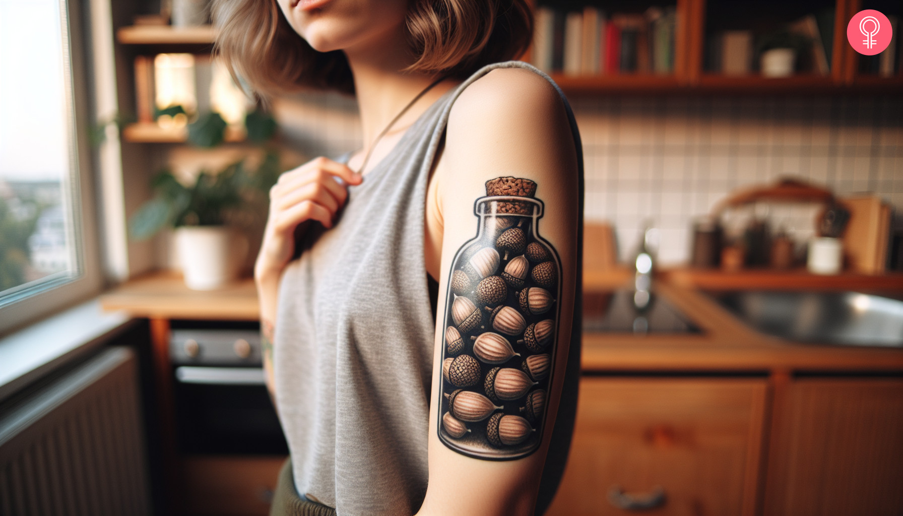 An acorns in a bottle tattoo on a woman’s upper arm