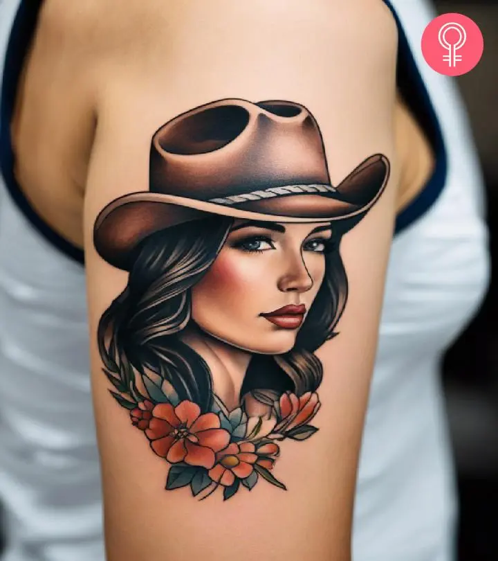 Cowgirl tattoo on the upper arm of a woman