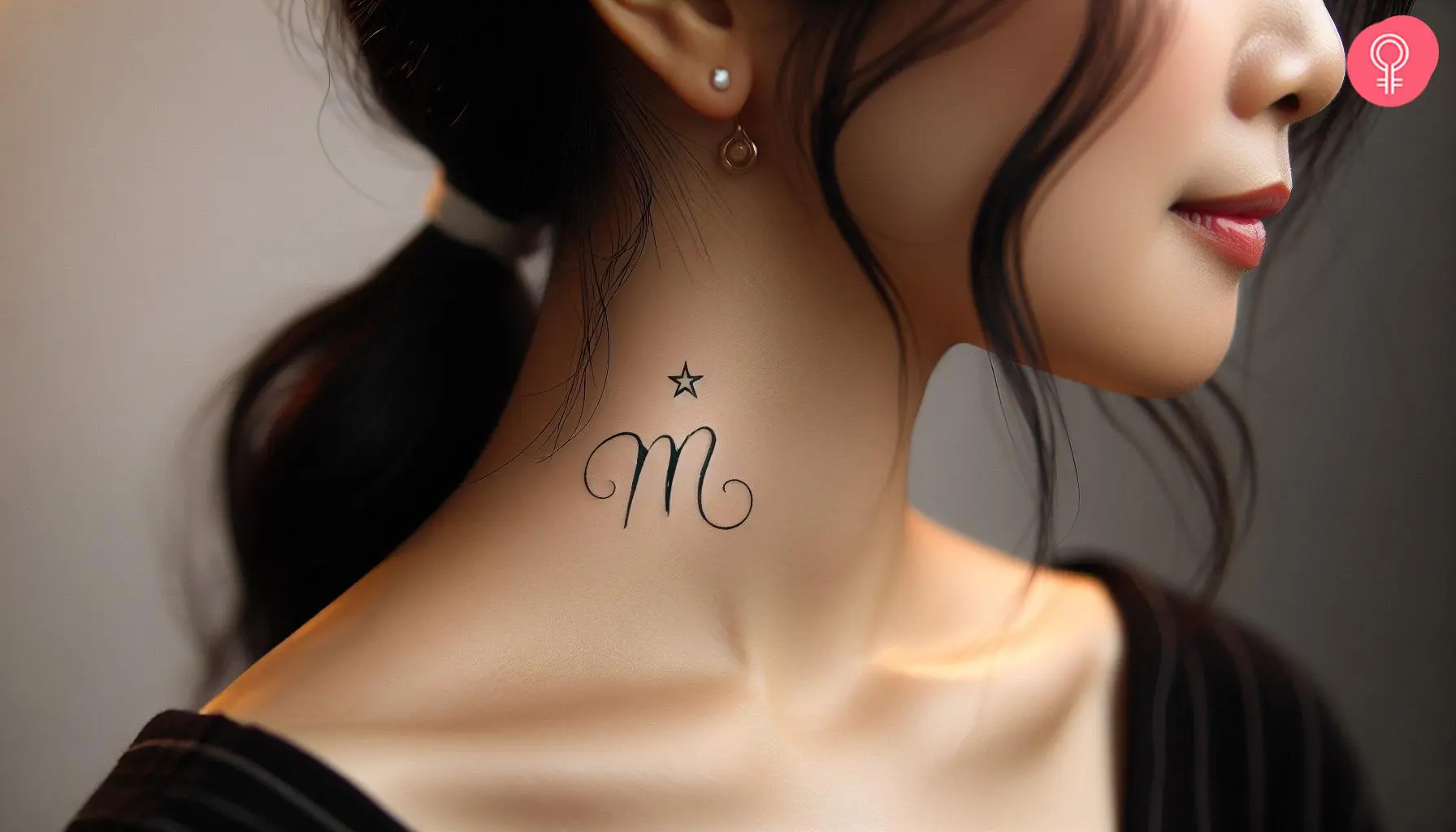 Aesthetic M letter star tattoo on the neck