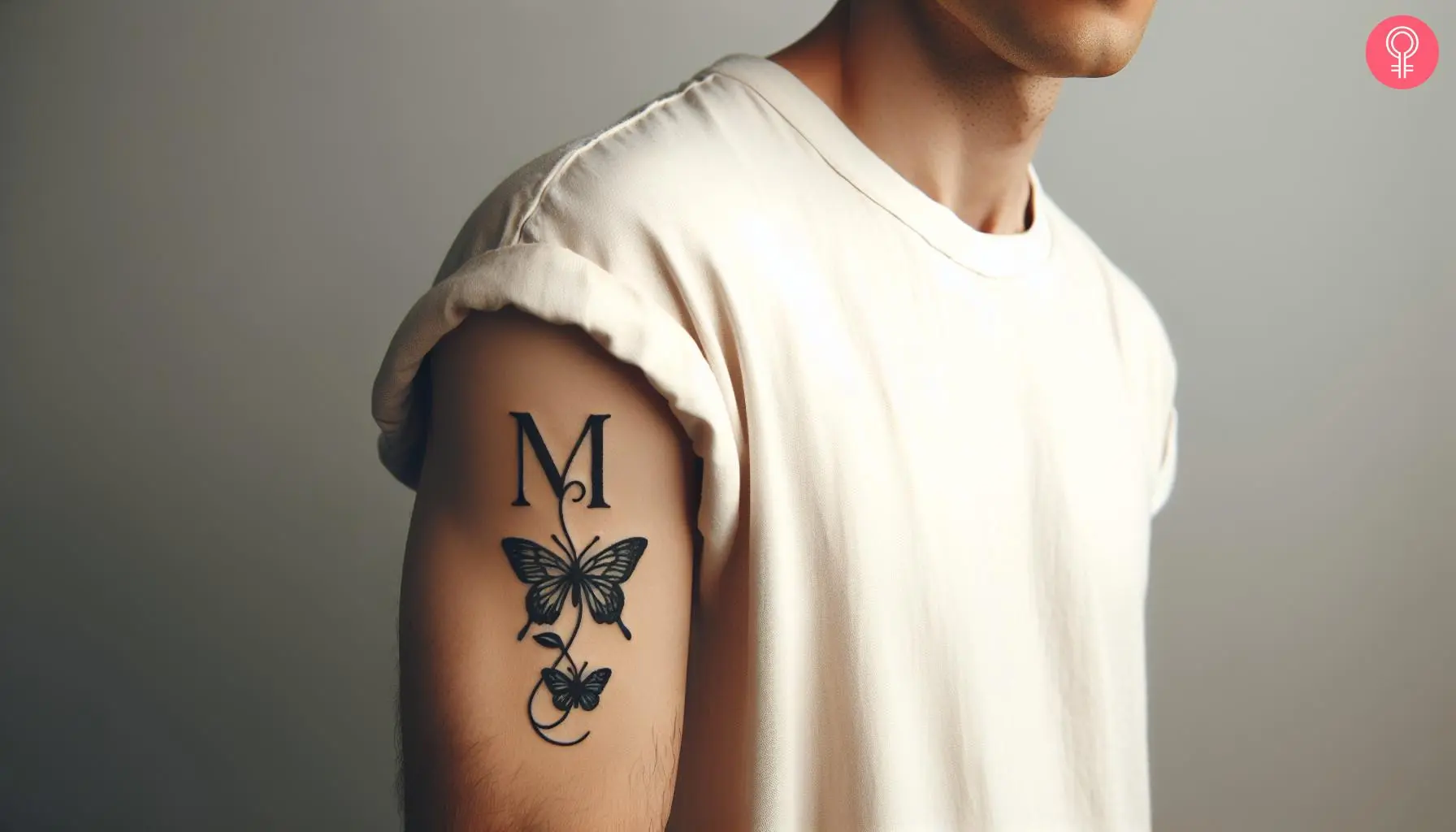 Affectionate M letter tattoo with a butterfly on the upper arm