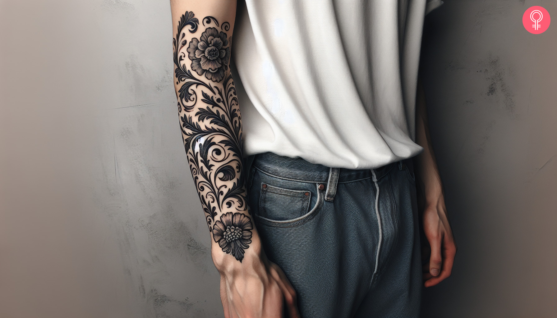 A floral baroque tattoo on the forearm