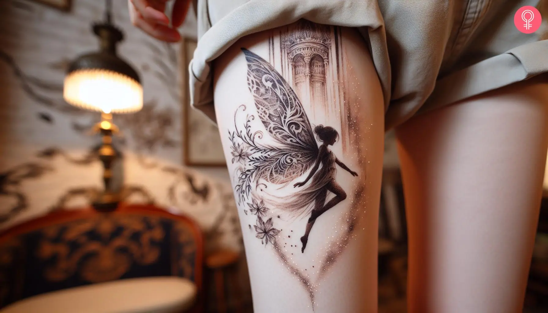 Air sign tattoo on the thigh of a woman