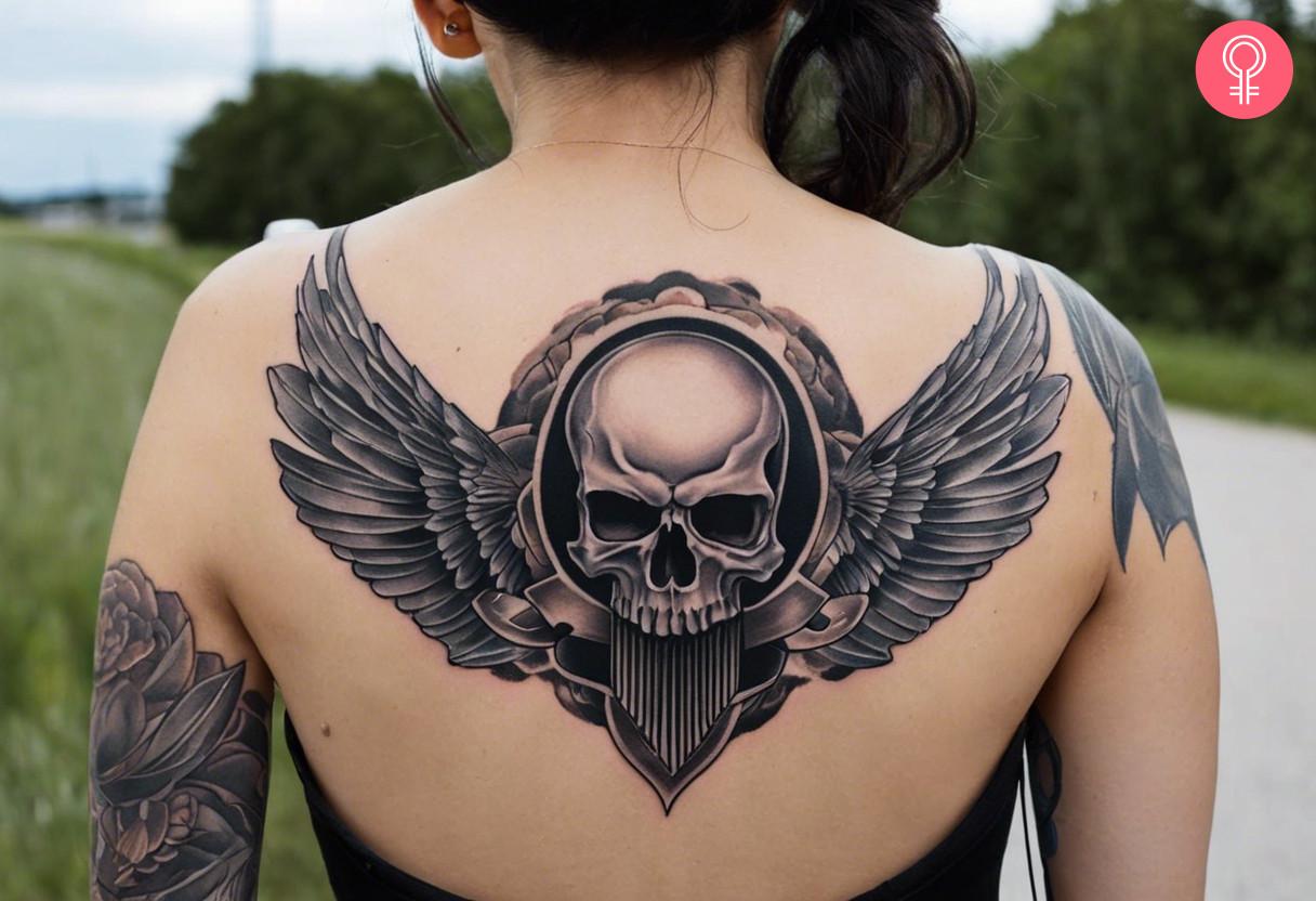 Airborne skull tattoo on the upper back of a woman