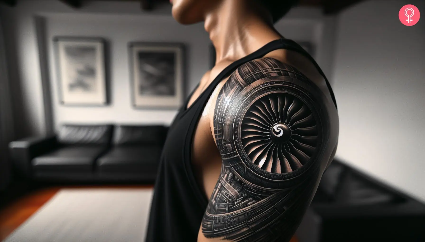 An airplane turbine tattoo on the upper arm in black ink