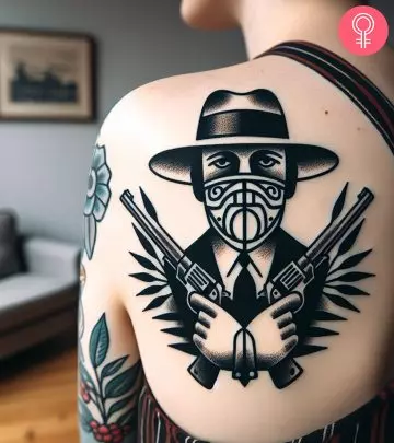 A gangster skull tattoo on the arm of a man