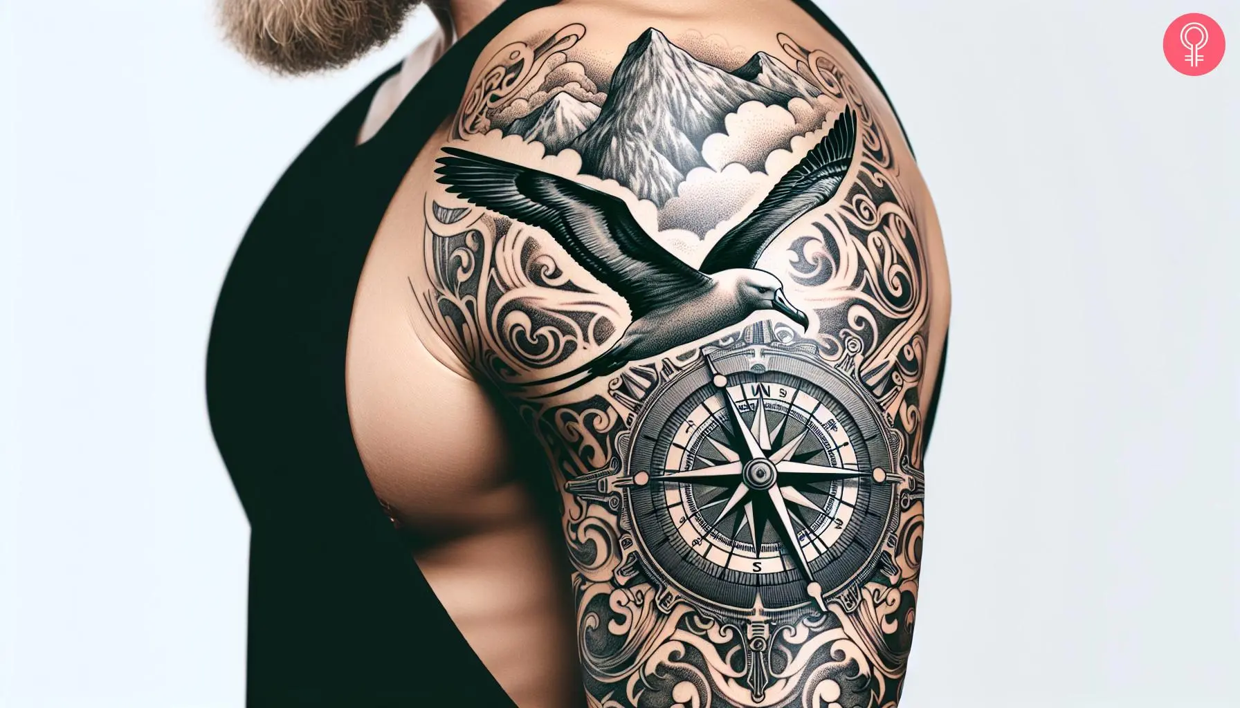 Albatross tattoo with a compass on the upper arm