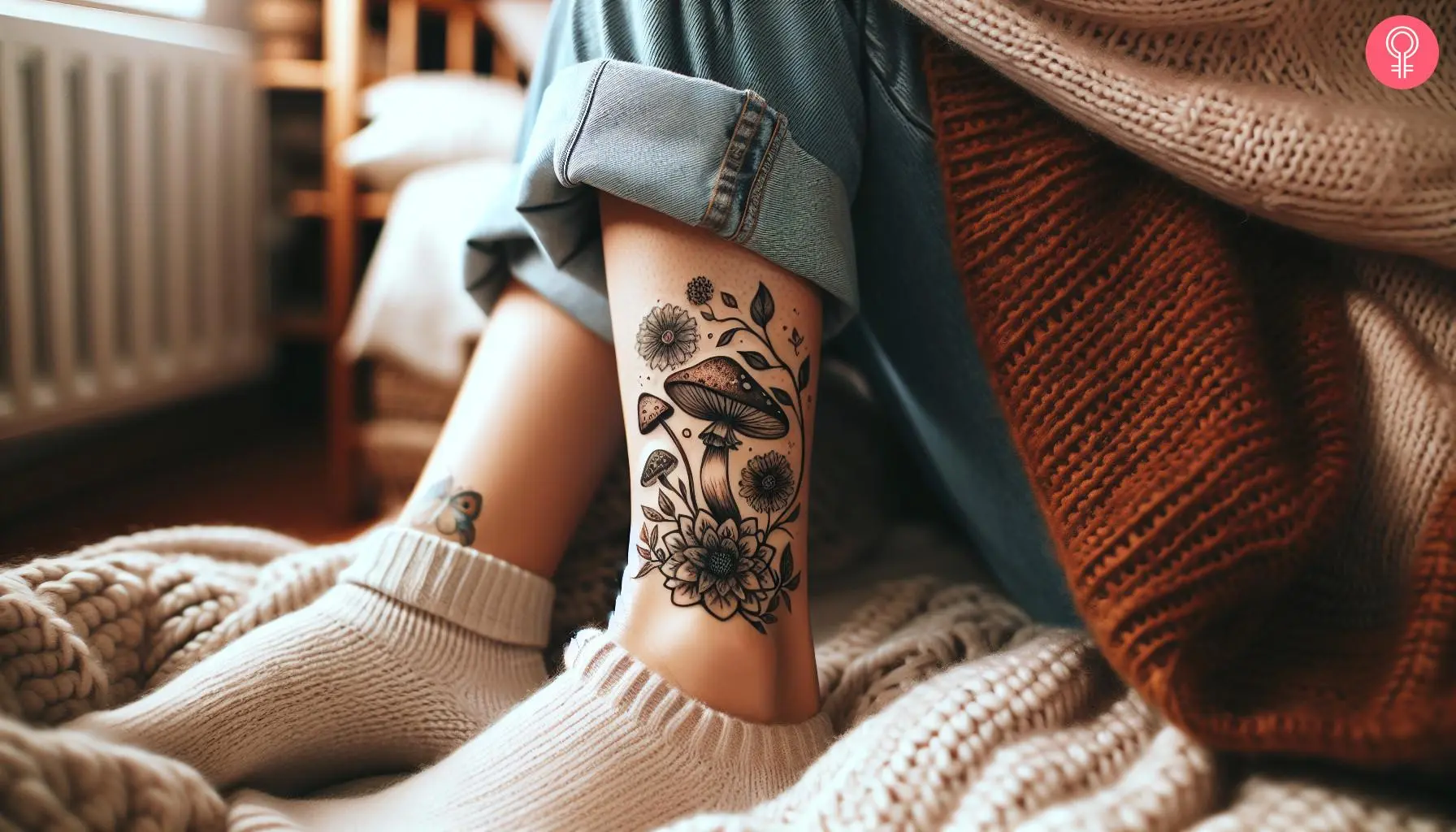 'Alice In Wonderland' mushroom tattoo on a woman’s ankle