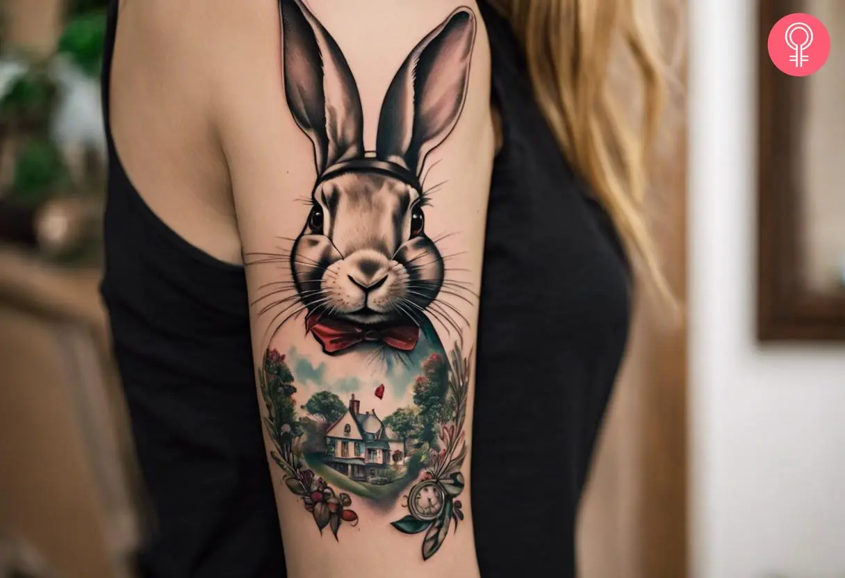 'Alice In Wonderland' rabbit tattoo on a woman’s arm