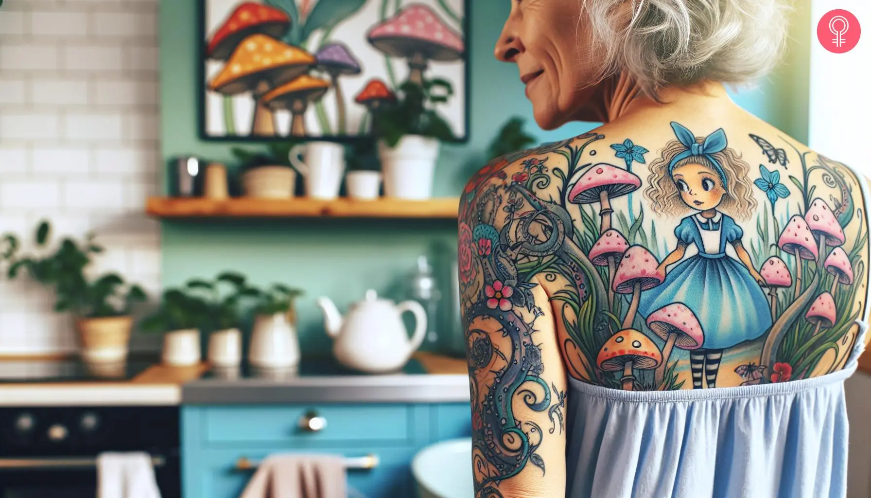 'Alice In Wonderland' realism tattoo on a woman’s back