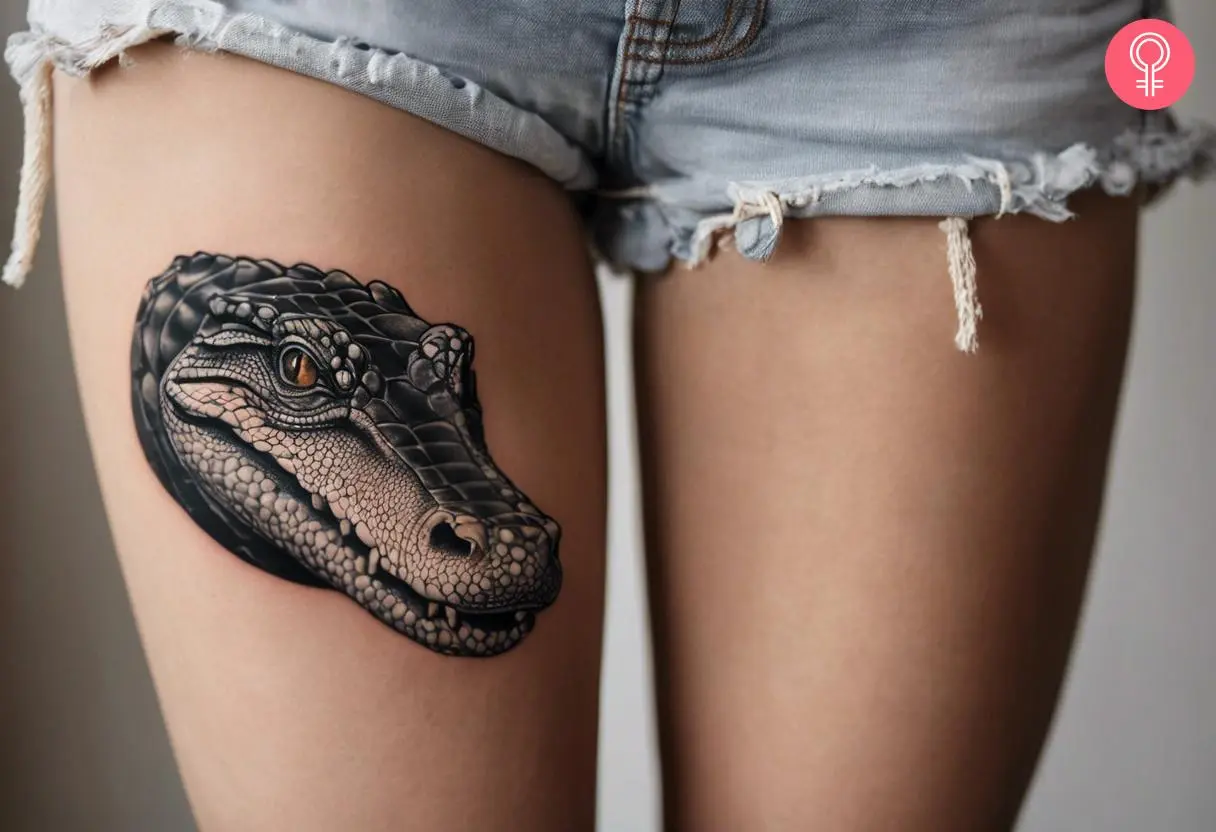 Alligator tattoo on the thigh