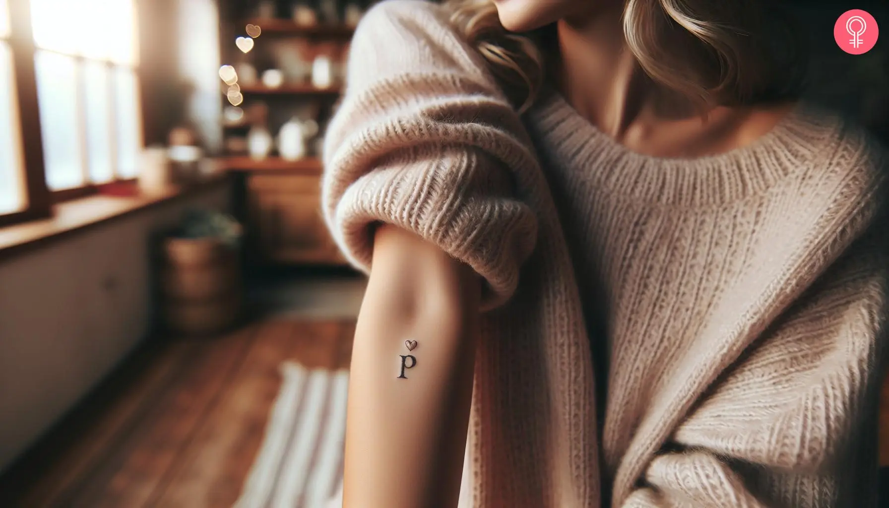 An alphabet lettering tattoo with a heart on the forearm of a woman