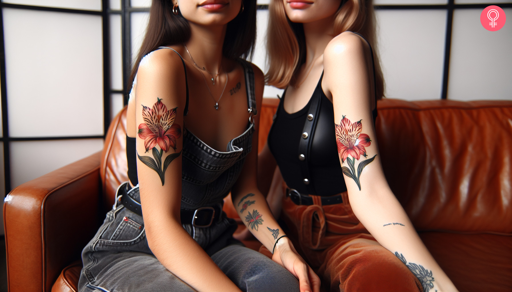 Alstroemeria friendship tattoo on the arm of two women