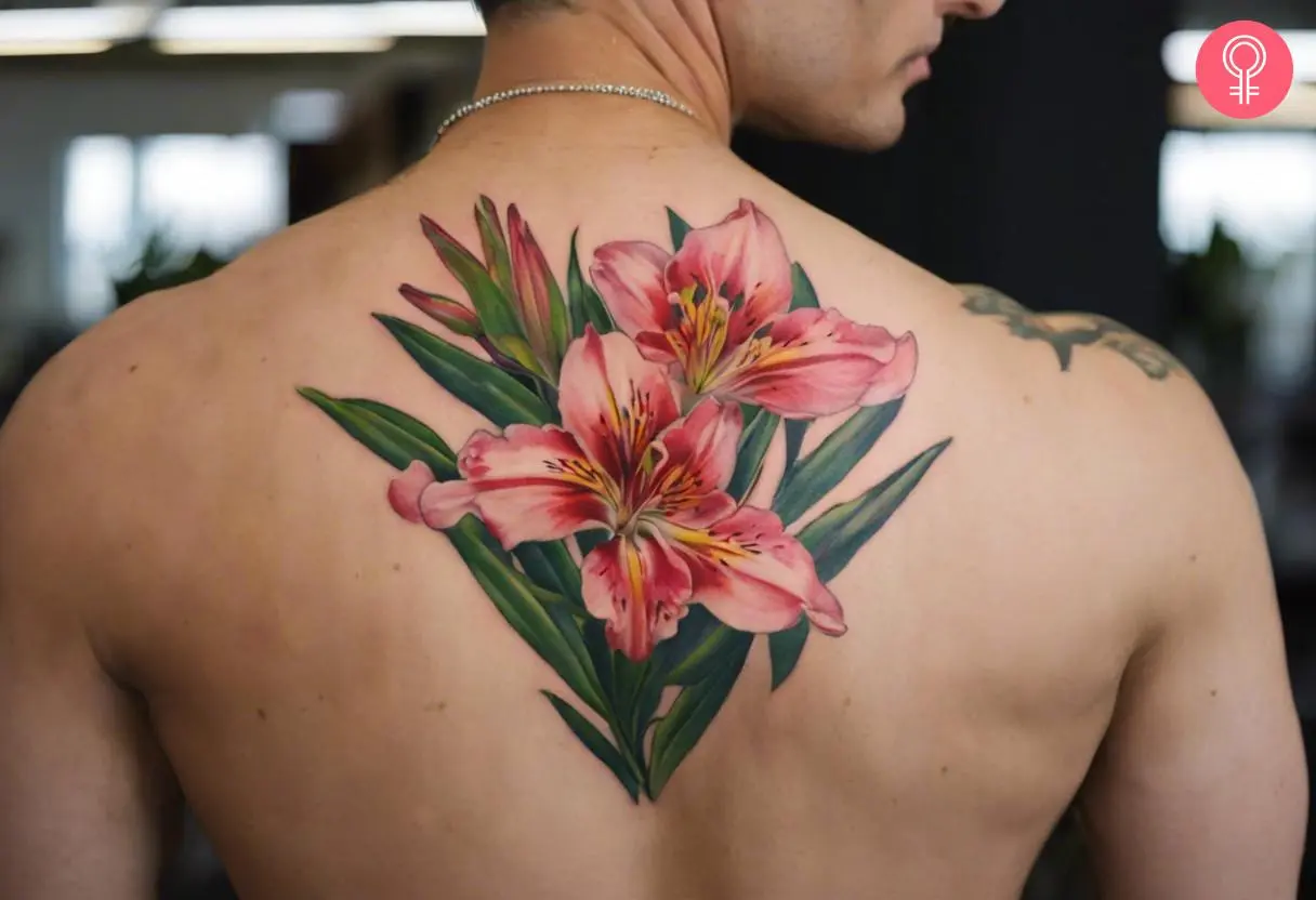  Alstroemeria tattoo on the upper back of a man