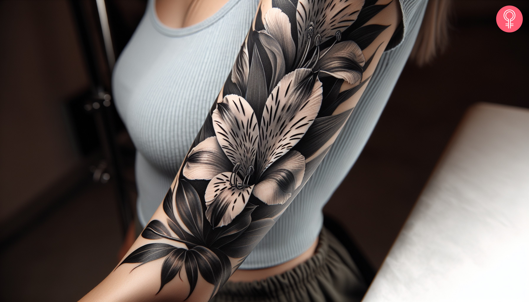 Black and white alstroemeria tattoo on the arm of a woman