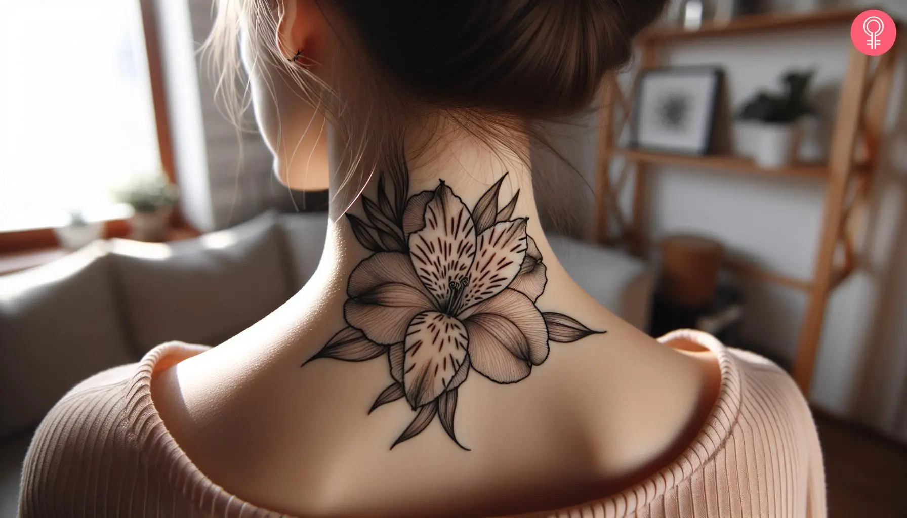 Alstroemeria tattoo on the neck of a woman