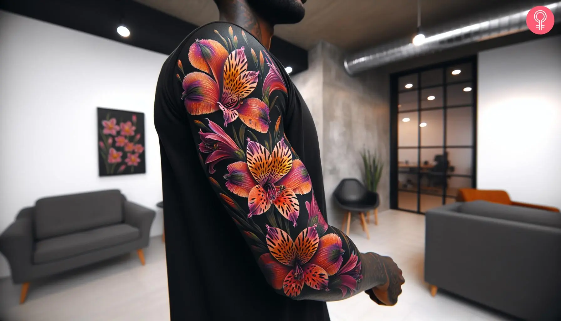 Alstroemeria tattoo on the arm sleeve of a man