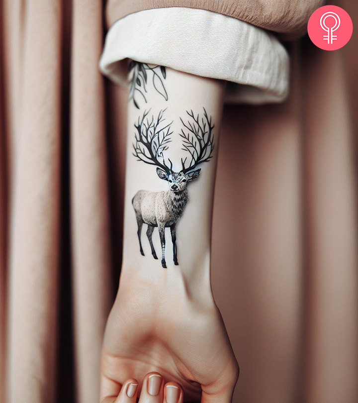 Woman with a stag Tattoo on the forearm