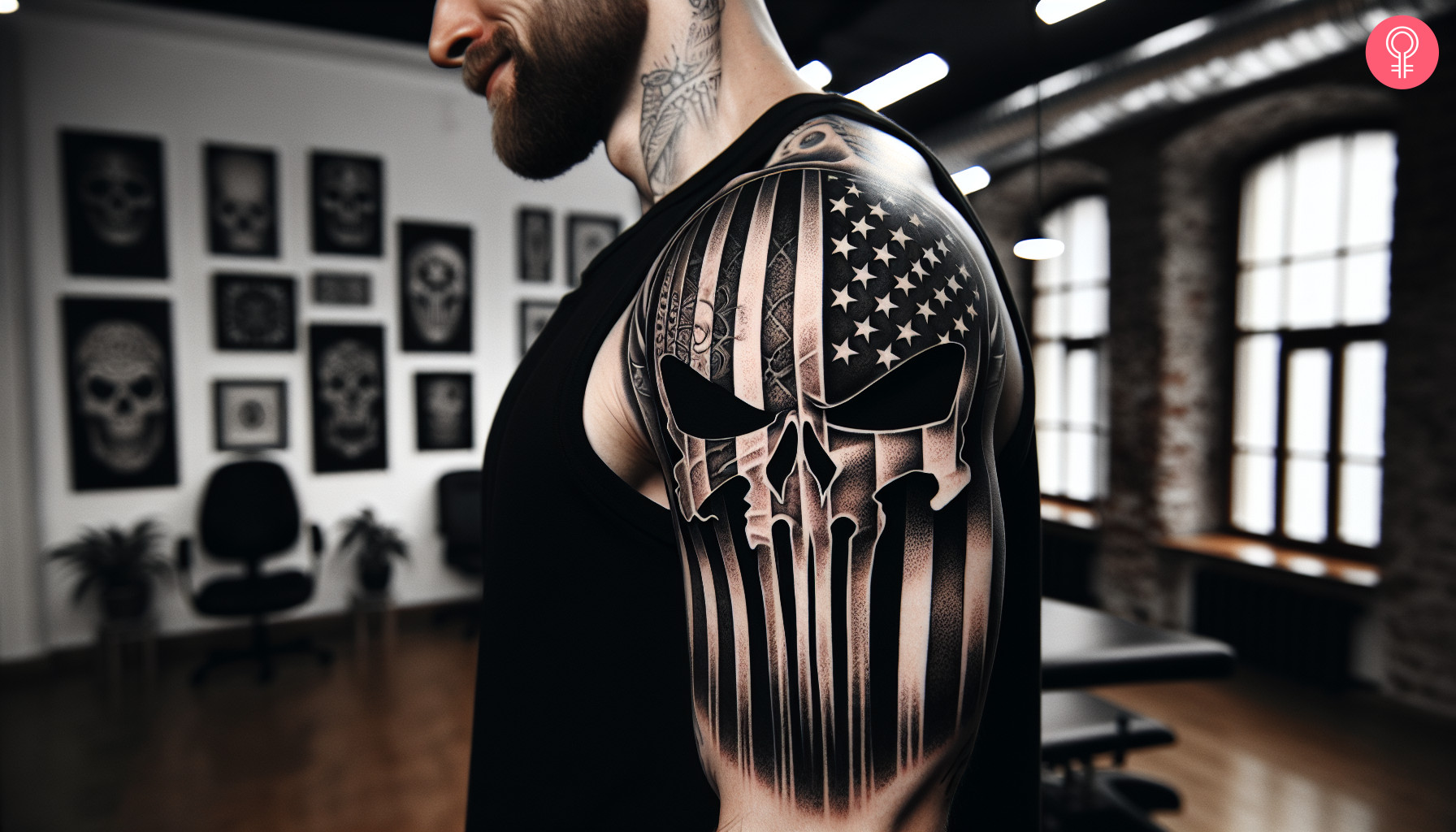 American flag Punisher skull tattoo on the arm of a man