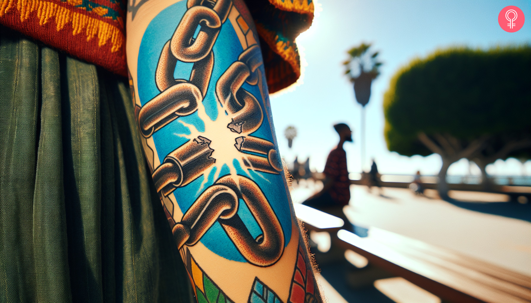 Woman with an American traditional broken chain tattoo on the arm