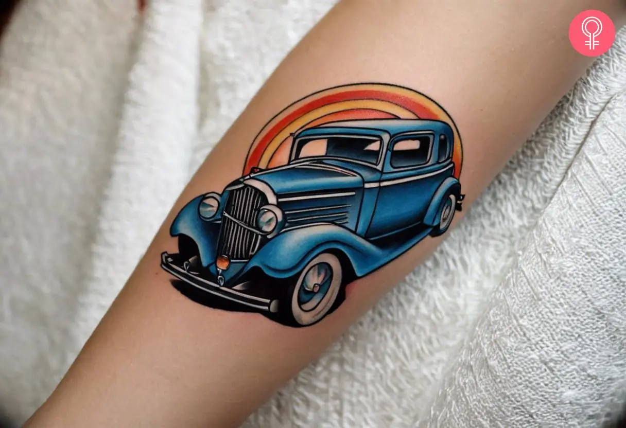 American traditional car tattoo on the forearm