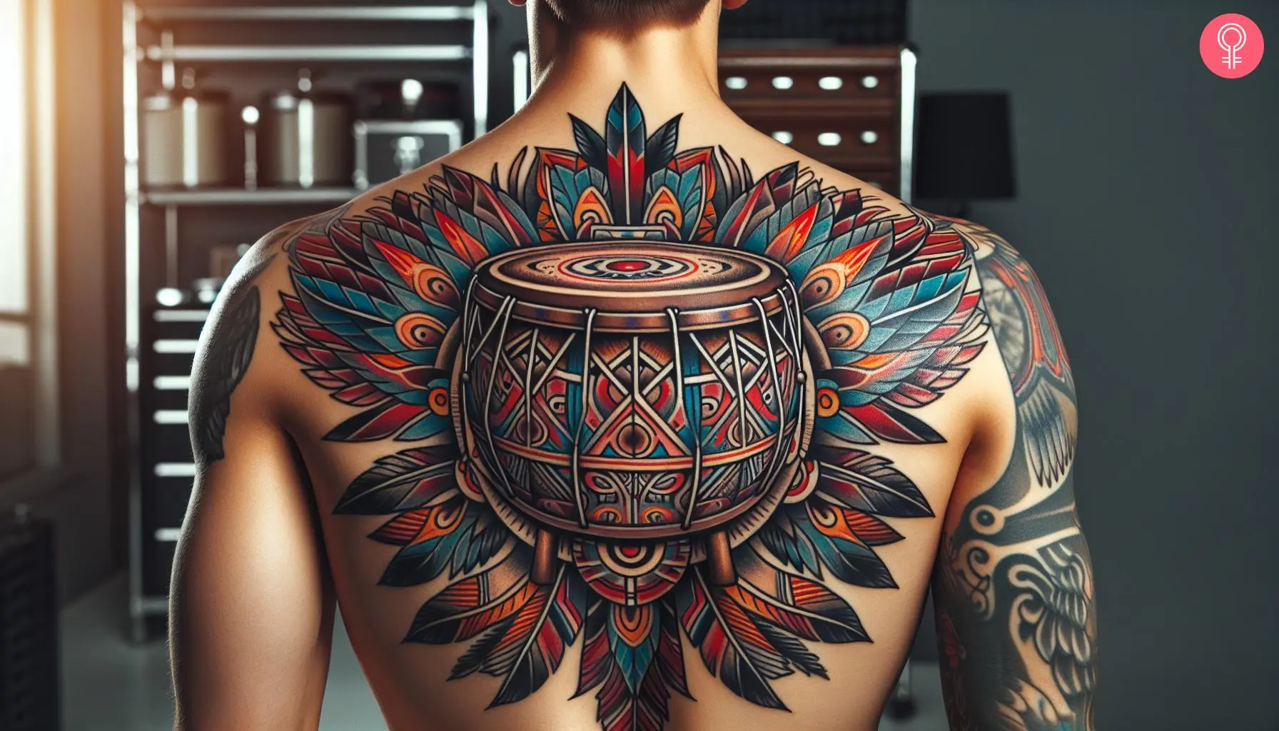 Man with American traditional drum tattoo on his back