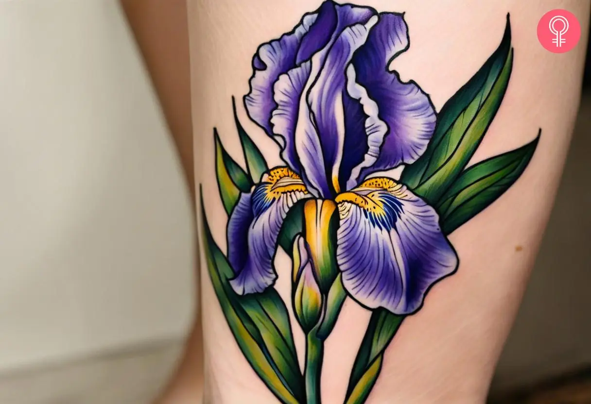 American traditional iris tattoo on the thigh