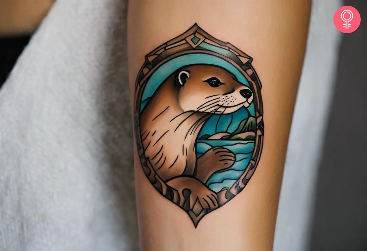 A colorful otter tattoo on the forearm of a woman