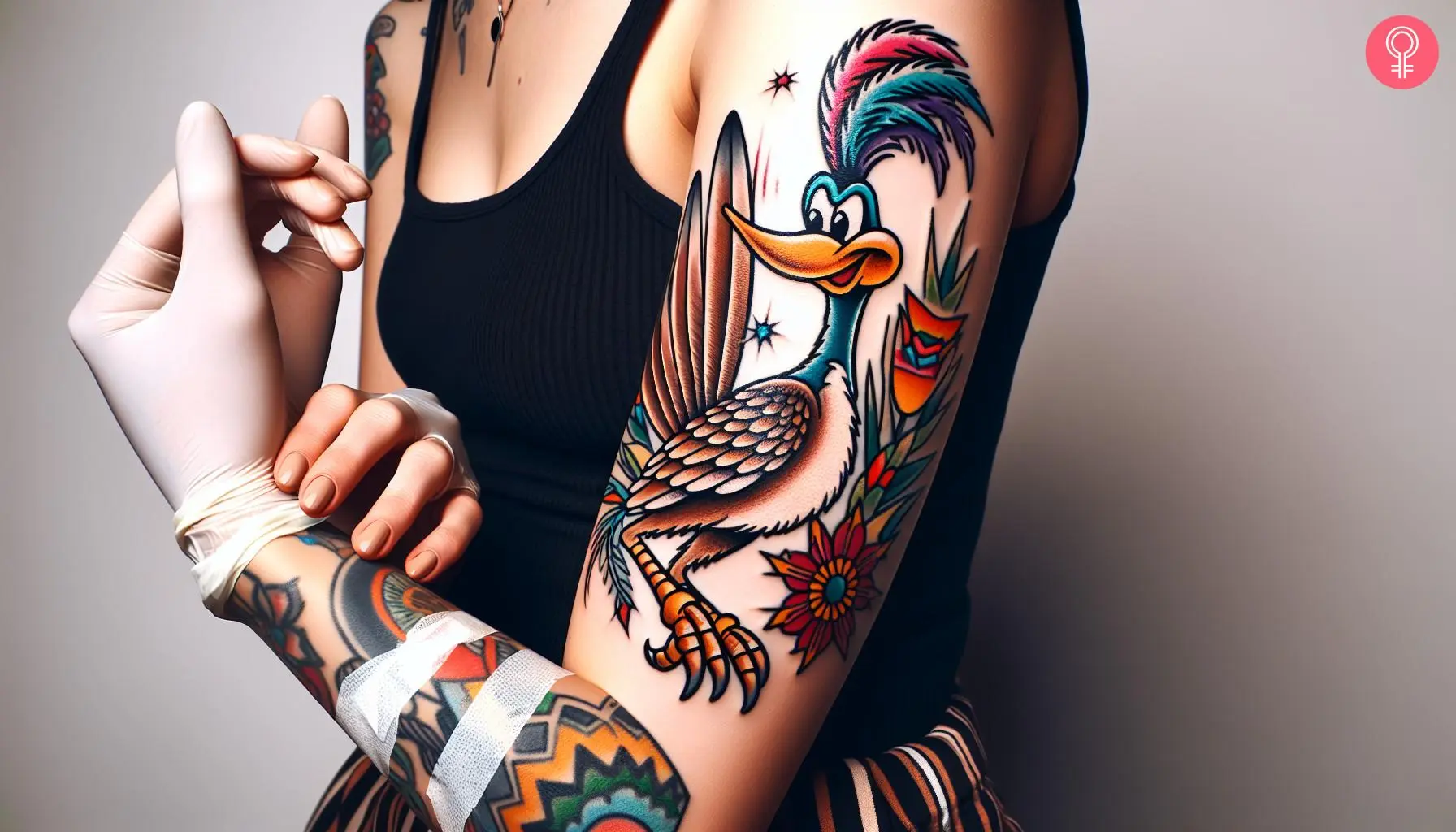 A man wearing an American Traditional roadrunner tattoo on the outer arm.