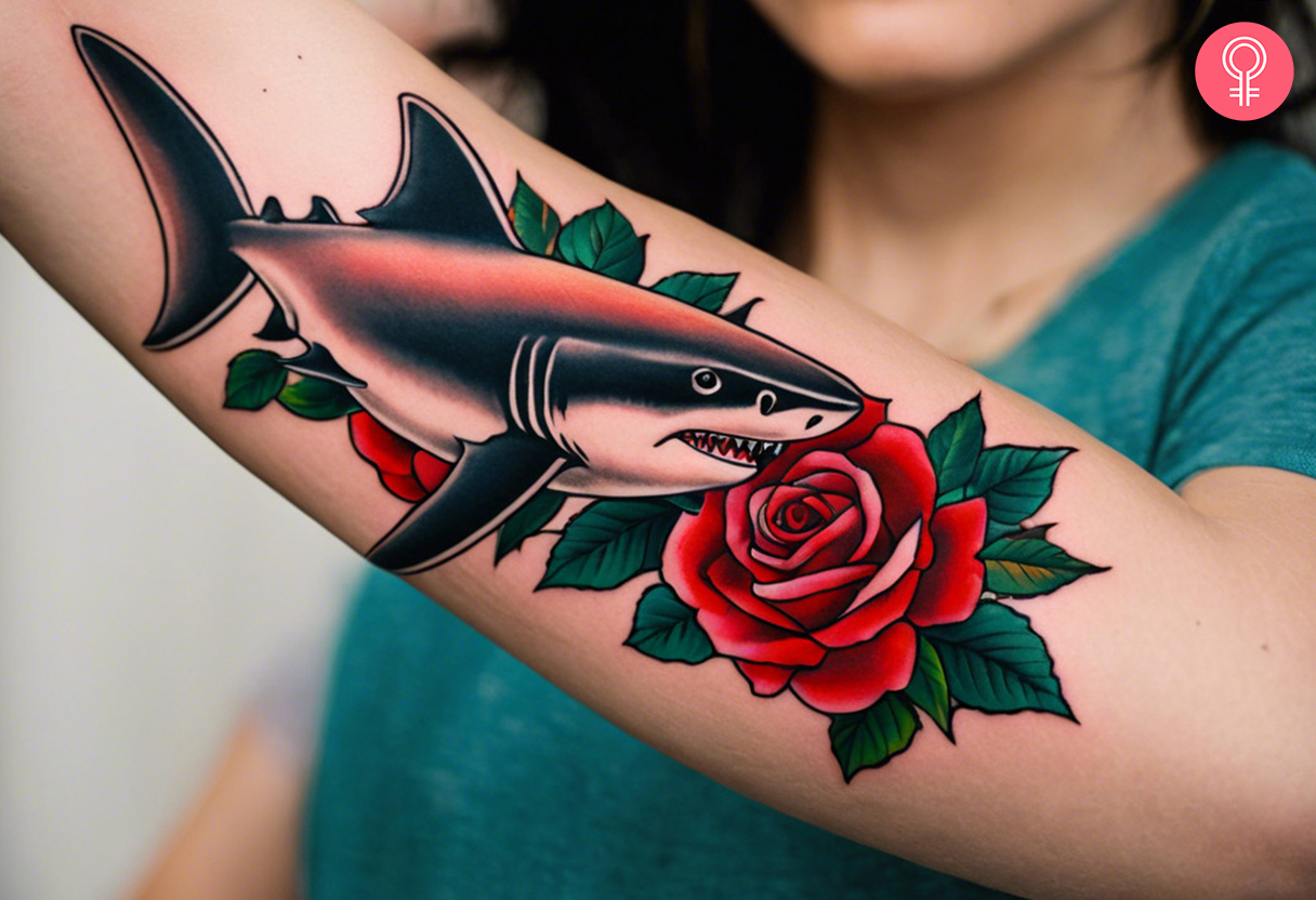 American traditional tiger shark tattoo on the forearm